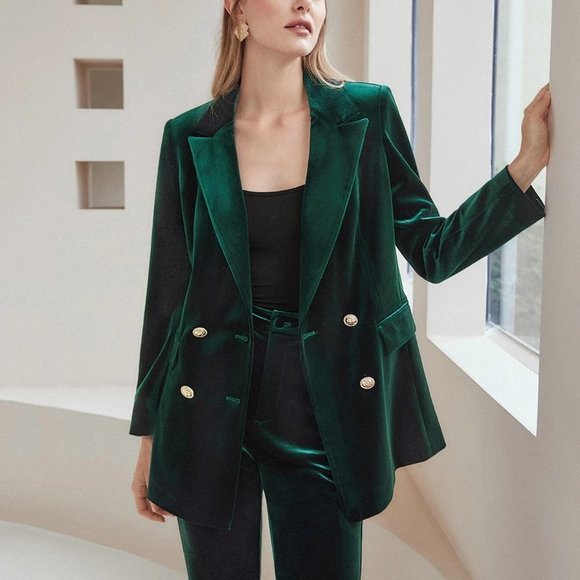 MODA ME COUTURE Jackets & Blazers - Classic Velvet Double Breasted Blazer Green